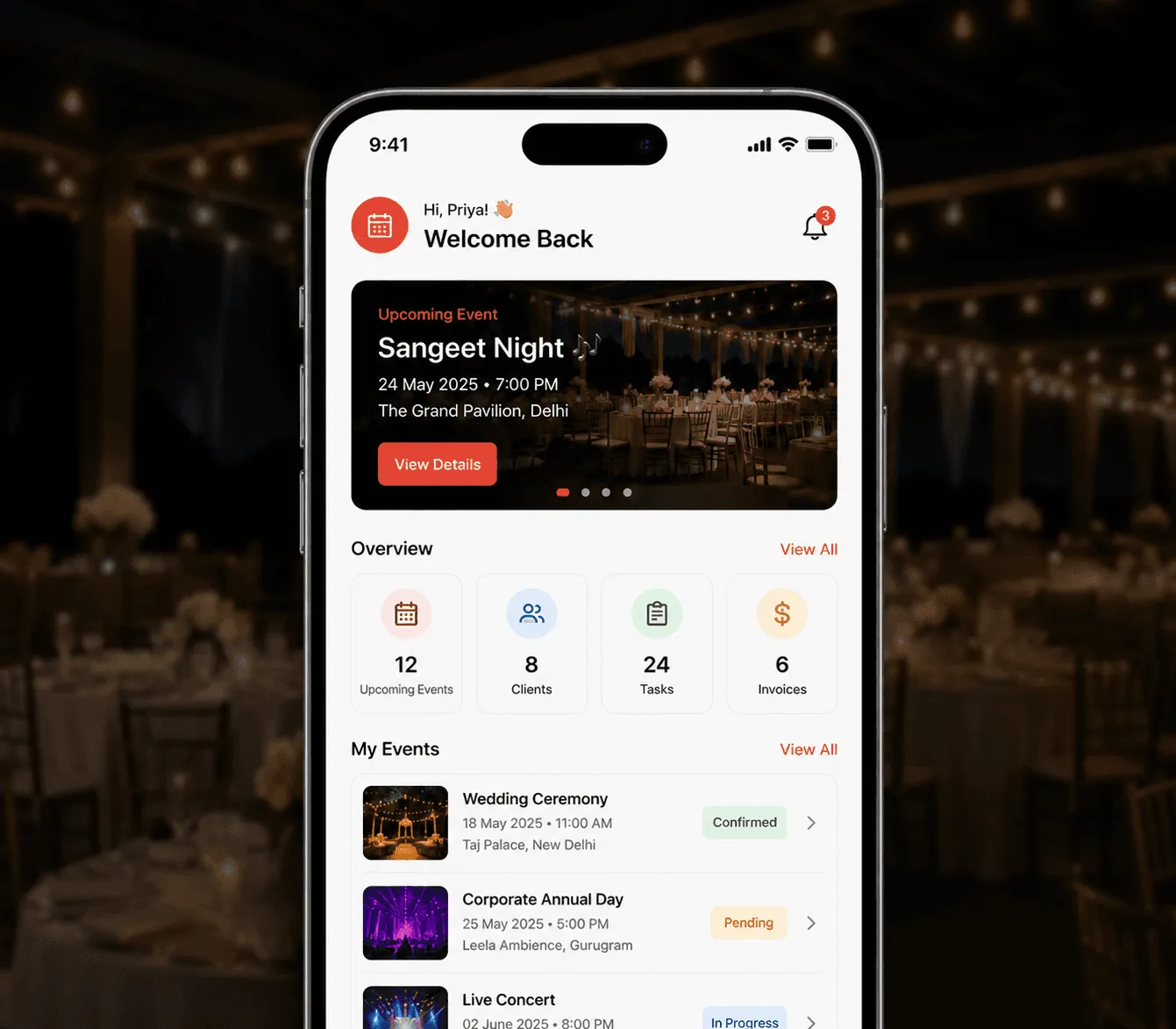 Ceena Events app showing upcoming events and an event overview