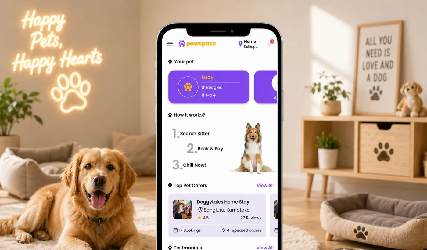 PawSpace app showing pet profiles and top pet carers